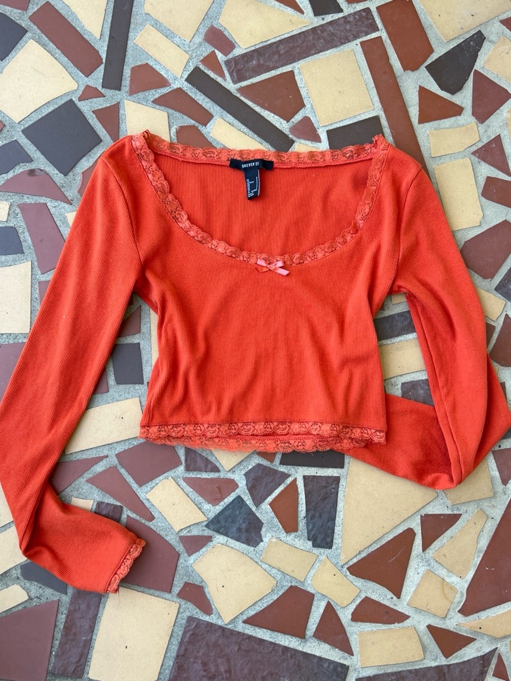 Forever 21 Bright Orange Lace-Trim Cropped Long Sleeve Top